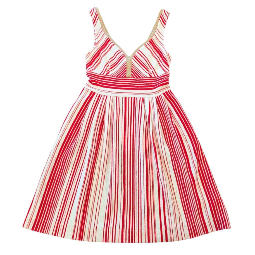 ANTHROPOLOGIE Postmark Striped Poppy Dress 6P Petite Red White Tan Pockets